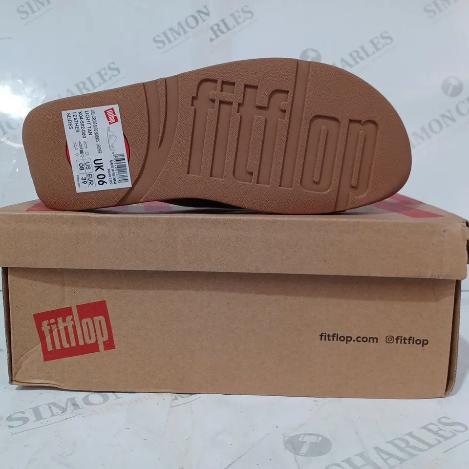 BOXED PAIR OF FITFLOP LULU CROSS SLIDE SANDALS IN TAN UK SIZE 6