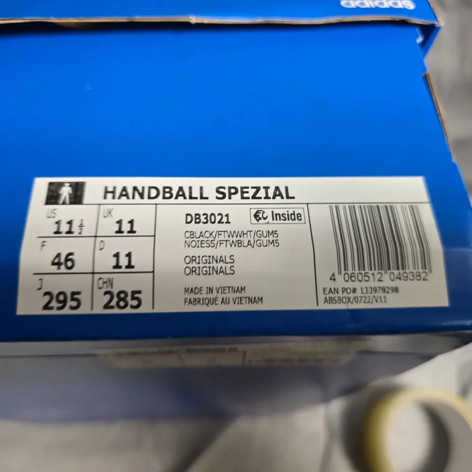ADIDAS HANDBALL SPEZIAL SNEAKERS – BLACK SUEDE WITH WHITE STRIPES, UK 11 (DB3021)