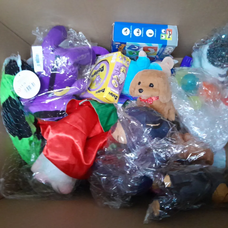 LARGE QUANTITY OF ASSORTED TOYS AND GAMES TO INCLUDE - PLUSHIES, DOBBLE, AND MINECRAFT HEIGHT CHART ETC. 