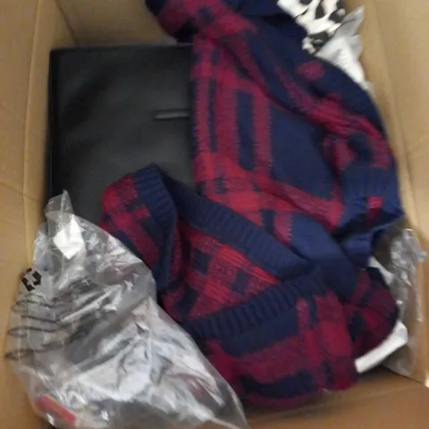 BOX OF ASSORTED CLOTHING ITEMS TOO INCLUDE DRESSES , SHIRTS AND TROUSERS IN VARIOUS SIZES AND COLOURS