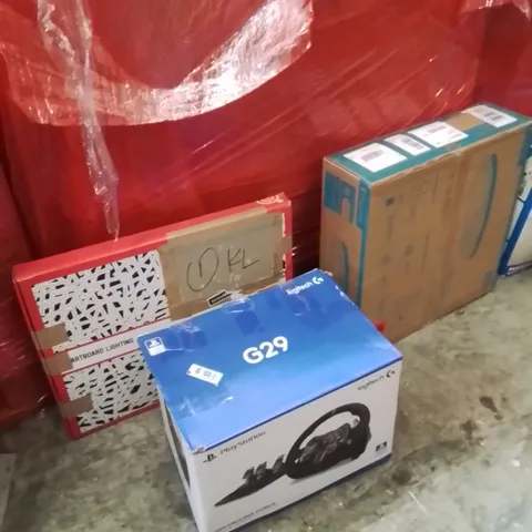 PALLET OF ASSORTED HOUSEHOLD GOODS AND PRODUCTS TO INCLUDE;CEILING FAN,DARTBOARD LIGHTING SYSTEM,LOGITECH G29 RACING WHEEL
