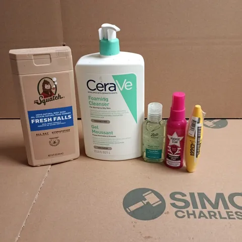 APPROXIMATEY 20 ASSORTED HEALTH AND BEAUTY PRODUCTS TO INCLUDE - DR SQUATCH BODY WASH - CERAVE FOAMING CLEANSER AND MAYBELLINE MASCARA