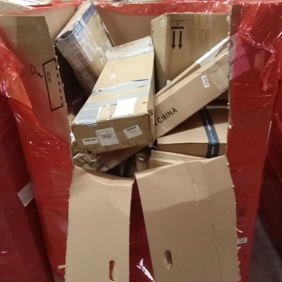 PALLET OF HOUSEHOLD GOODS AND PRODUCTS TO INCLUDE; ELECTRIC CLOTHES DRYER, BOXED FURNITURE