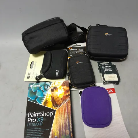 LOT OF APPROX 7 ASSORTED CAMERA ACCESSORIES TO INCLUDE - FUJIFIL NP-45A RECHARGABLE BATTERY - LOWEPRO SANTIAGO 20 2 CASE - COREL PAINTSHOP PRO X9 BONUS PACK - ETC