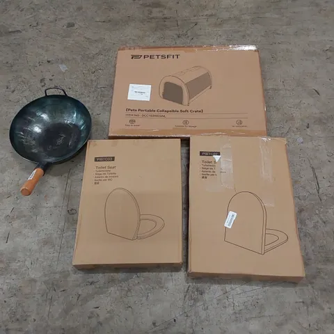 PALLET OF ASSORTED HOUSEHOLD ITEMS AND CONSUMER PRODUCTS. INCLUDES; TOILET SEATS, PETS PORTABLE SOFT CRATE, WOK ETC