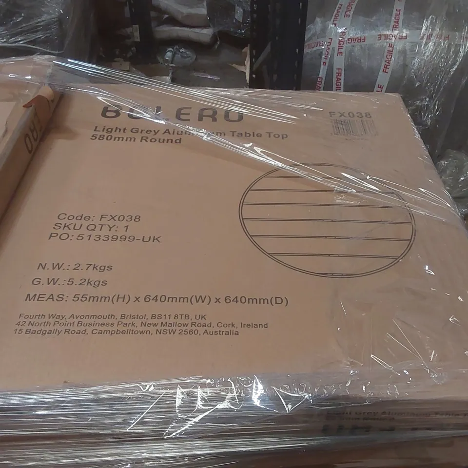 PALLET CONTAINING A VERY LARGE QUANTITY OF BRAND NEW BOLERO ALUMINIUM TABLE TOPS