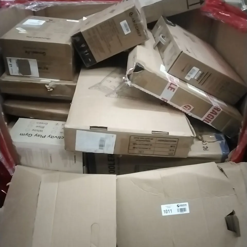A PALLET CONTAINING ASSORTED HOUSEHOLD GOODS AND PRODUCTS TO INCLUDE; FHD MONITOR, SMART AIR PURIFIER 2, ESPRESSO COFFEE MACHINE, BOXED FURNITURE ETC