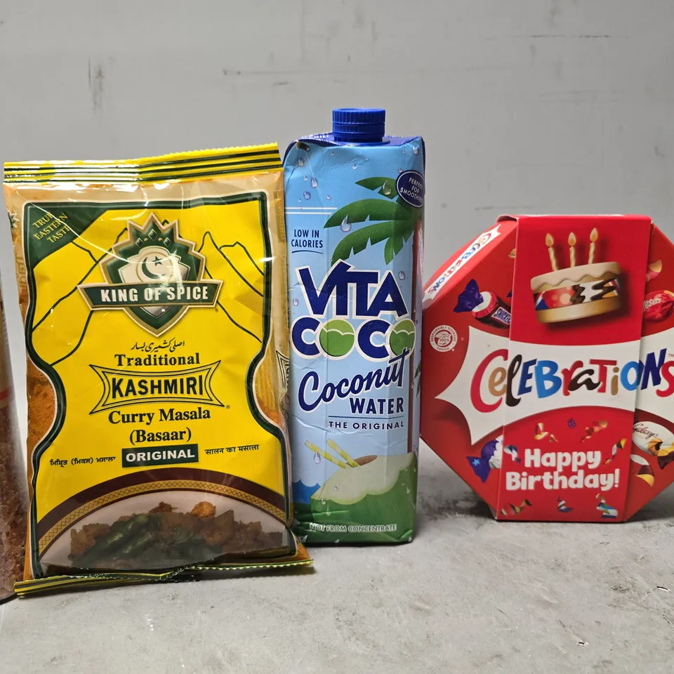 APPROXIMATELY 10 ASSORTED FOOD & DRINK ITEMS TO INCLUDE - CURRY MASALA , NITA COCONUT WATER , CELEBRATIONS HAPPY BRITHDAY ETC