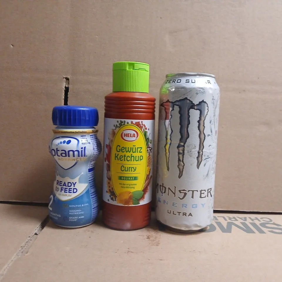 APPROXIMATELY 10 ASSORTED FOOD AND DRINK ITEMS TO INCLUDE MONSTER, GEWURZ KETCHUP, ETC
