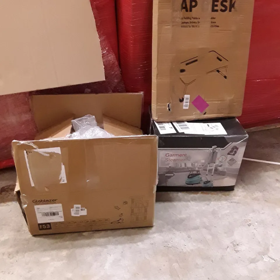 PALLET OF ASSORTED HOUSEHOLD GOODS AND PRODUCTS TO INCLUDE; GARMENT STEAMER, LAP DESK, CAT TOY, BOXED FURNITURE ETC