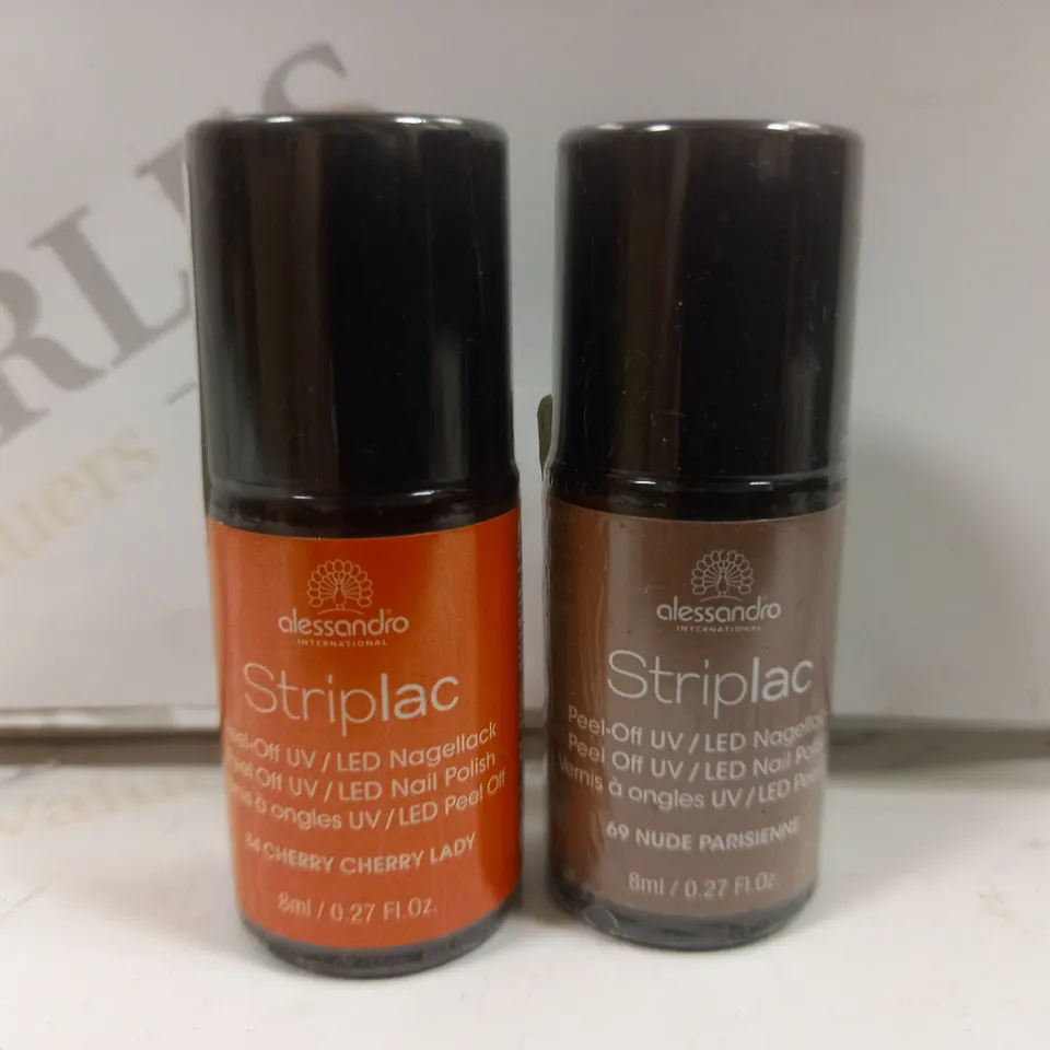 BOX OF APPROX 100 ASSORTED ALESSANDRO STRIPLAC PEEL-OFF UV LED NAIL POLISH #CHERRY CHERRY LADY #NUDE PARISIENNE