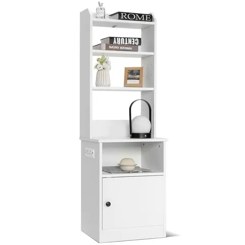 BOXED COSTWAY SINGLE DOOR 5 SHELF WHITE BEDSIDE TABLE WITH CHARGING STATION