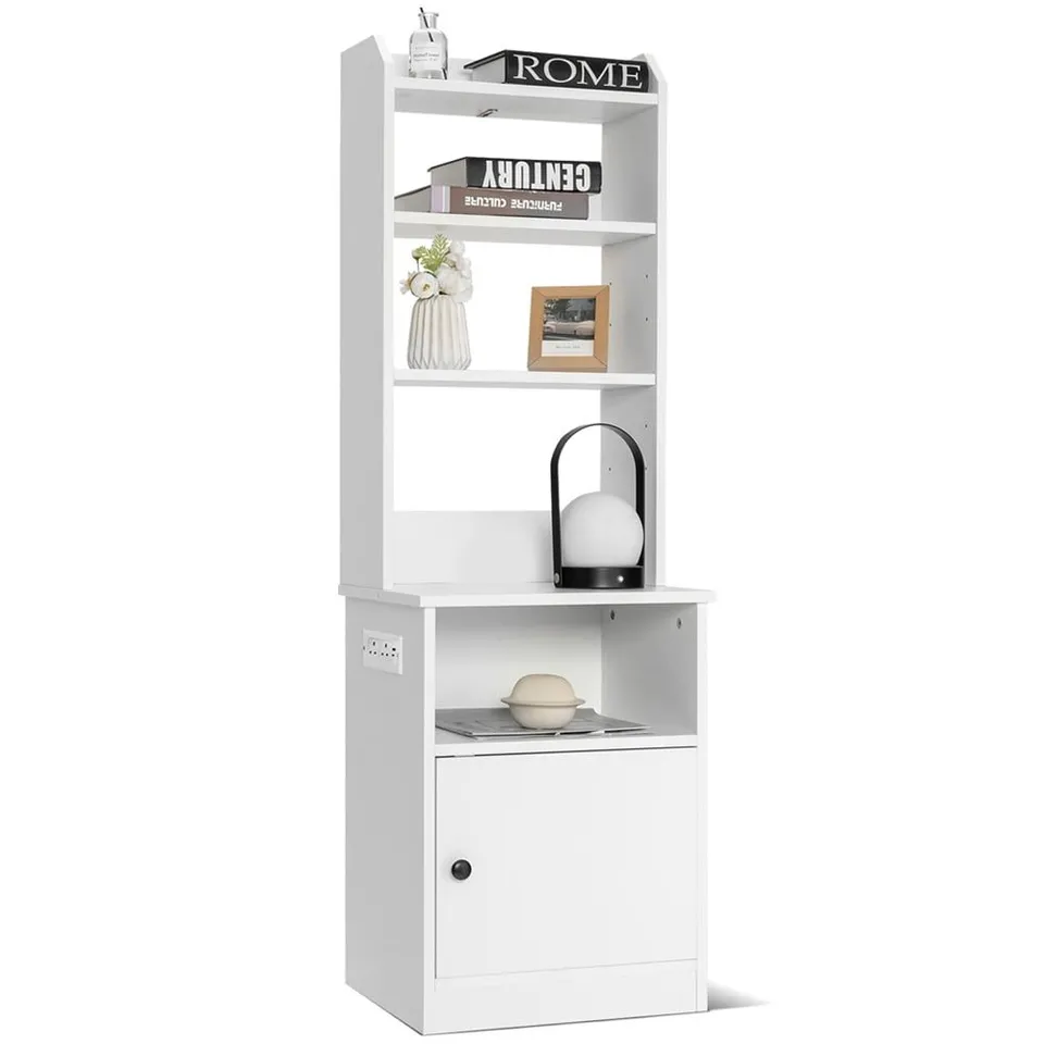 BOXED COSTWAY SINGLE DOOR 5 SHELF WHITE BEDSIDE TABLE WITH CHARGING STATION