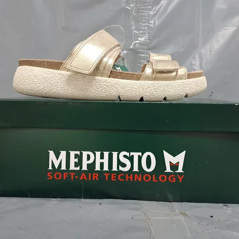 BOXED PAIR OF MEPHISTO GAYLE OPEN TOE SANDALS IN GOLD SIZE EU 39