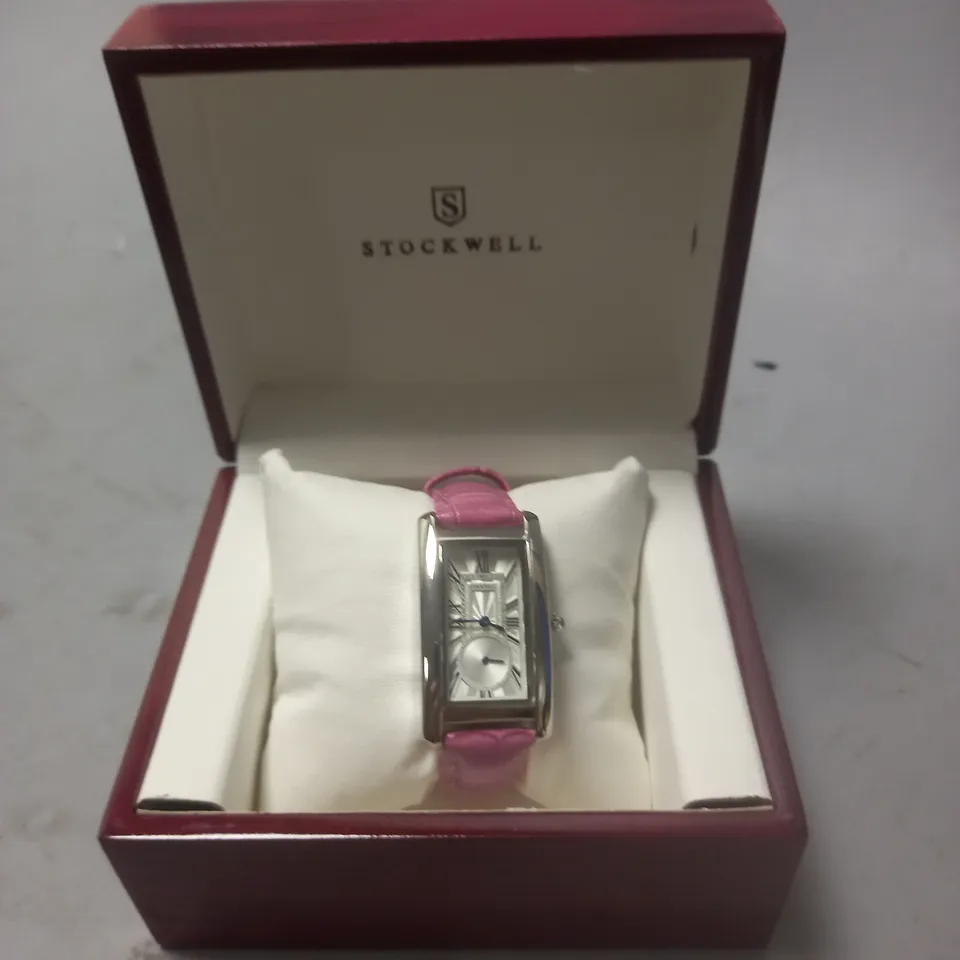 STOCKWELL STAINLESS STEEL RECTANGULAR LADIES WATCH WITH PINK LEATHER STRAP IN WOODEN GIFT BOX