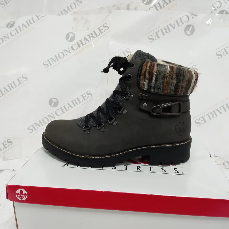 BOXED PAIR OF RIEKER HIKING BOOTS IN GREY UK SIZE 5