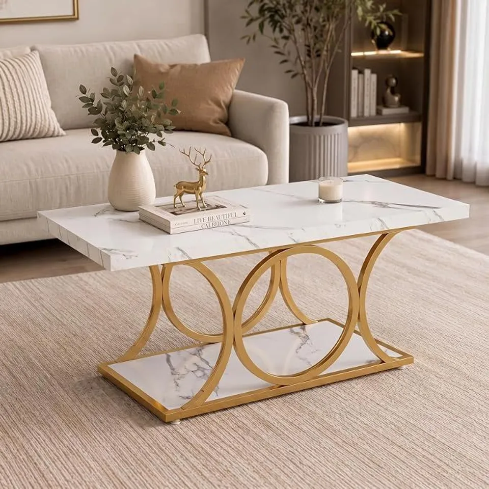 BOXED TRIBESIGNS 2-TIER FAUX MARBLE WOOD RECTANGLE COFFEE TABLE - GOLD/MARBLE EFFECT (1 BOX)