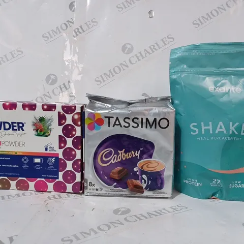 APPROXIMATELY 10 ASSORTED FOOD & DRINK ITEMS TO INCLUDE EXANTE SHAKE MEAL REPLACEMENT, TASSIMO CADBURY, WILL POWDER, ETC