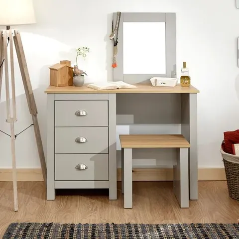BOXED GFW LANCASTER 3 DRAWER GREY DRESSING TABLE SET WITH MIRROR (3 BOXES)