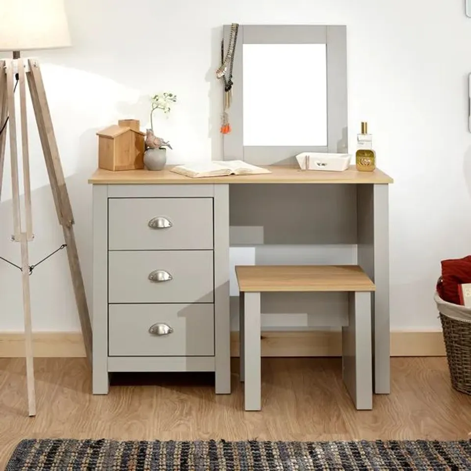 BOXED GFW LANCASTER 3 DRAWER GREY DRESSING TABLE SET WITH MIRROR (3 BOXES)