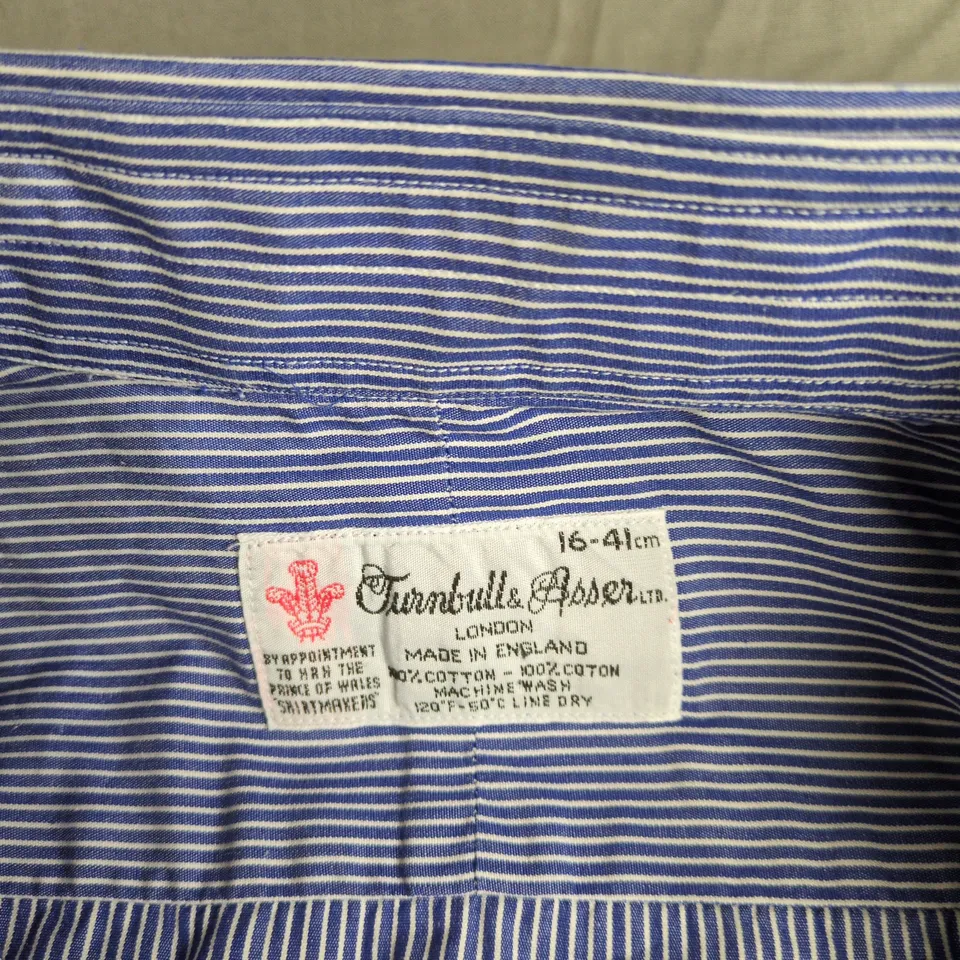 TURNBULL & ASSER SHIRT, UK SIZE 16-41CM, BLUE & WHITE STRIPE, MADE IN ENGLAND