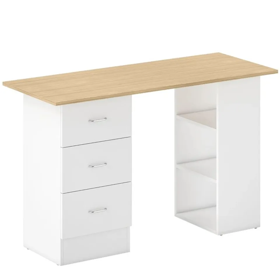 BOXED HOMCOM 120cm COMPUTER DESK, STUDY TABLE WITH 3 SHELF & DRAWERS, NATURAL (1 BOX)