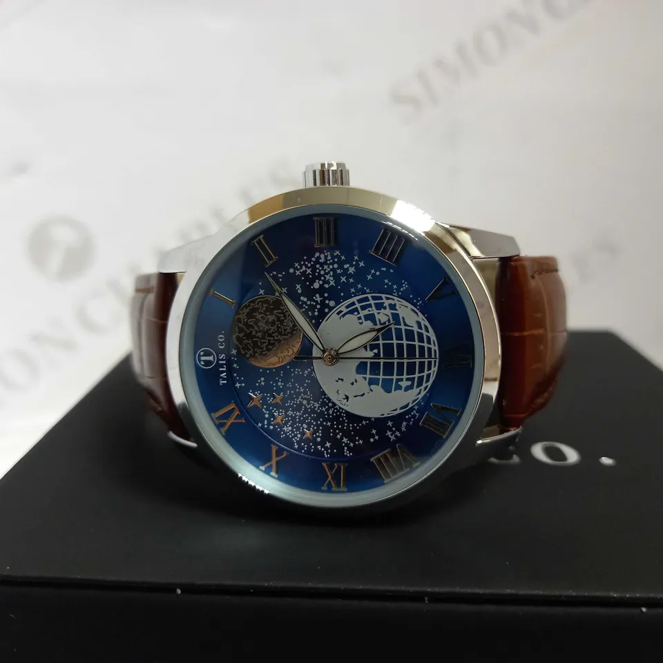 TALIS CO. AUTOMATIC ASTRO GLOBE DETAIL LEATHER STRAP WRISTWATCH RRP £699
