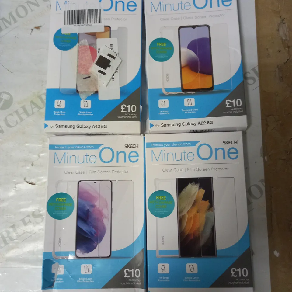 LOT OF 20 ASSORTED MINUTE ONE CLEAR CASE & SCREEN PROTECTOR KITS FOR SAMSUNG GALAXY A42-5G, A22-5G, S22 AND S22-ULTRA