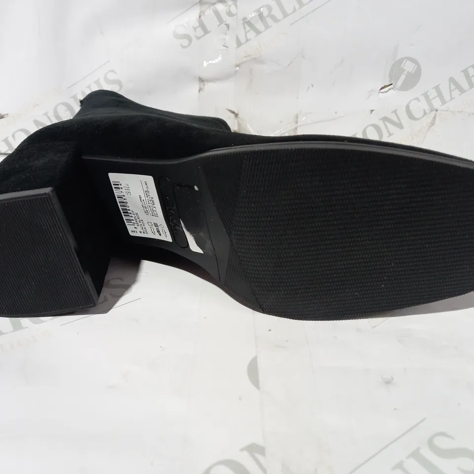 BOXED PAIR OF CLARKS SEREN ZIP FAUX SUEDE HEELED ANKLE BOOTS IN BLACK UK SIZE 4