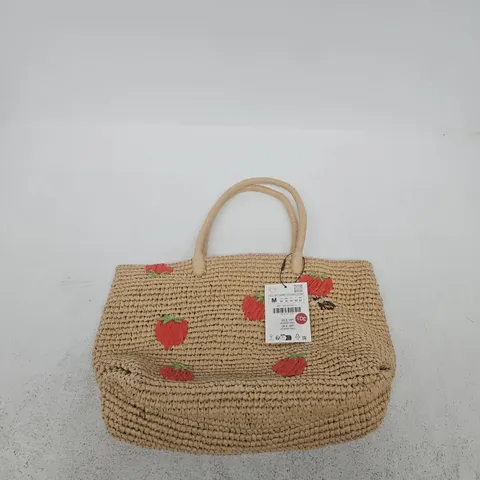 ZARA STRAW TOTE BAG WITH STRAWBERRY PRINT