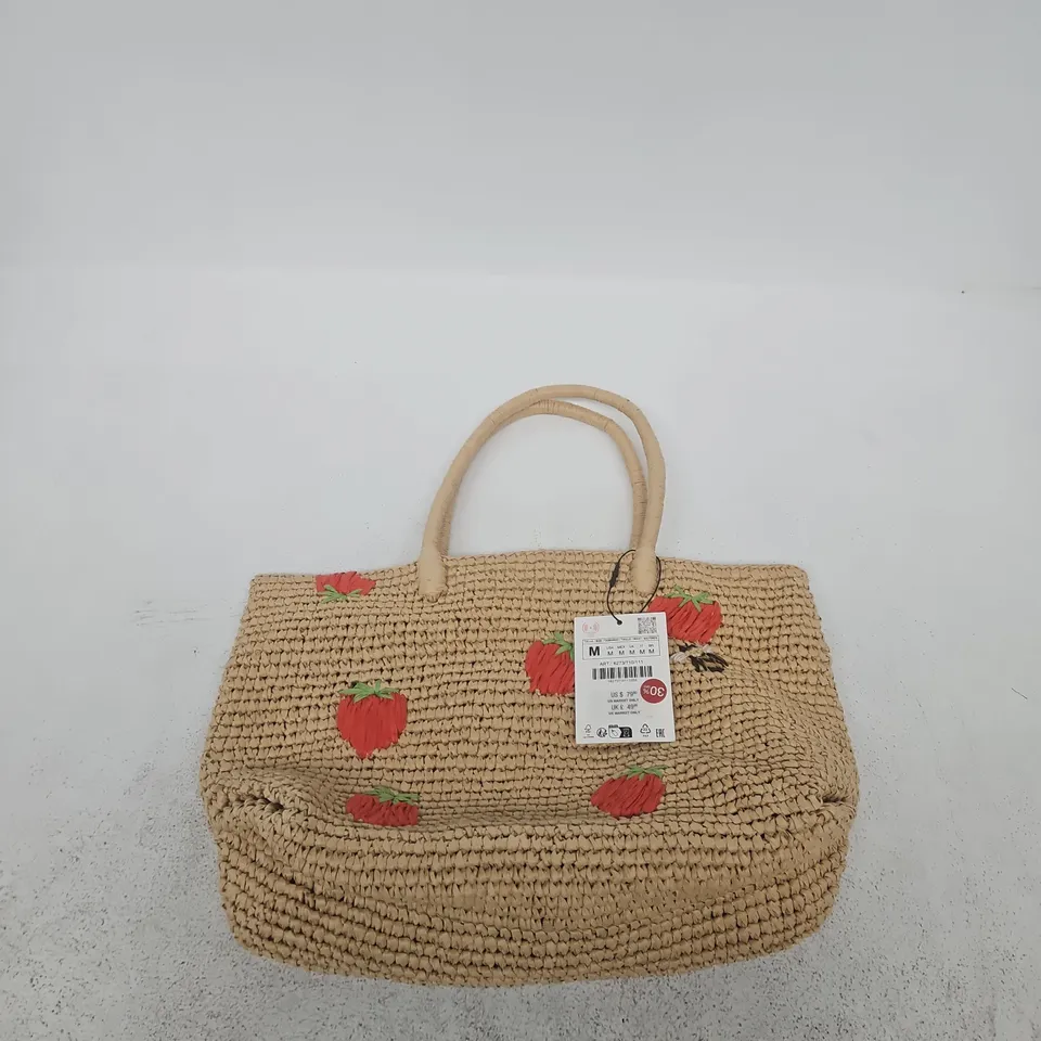 ZARA STRAW TOTE BAG WITH STRAWBERRY PRINT