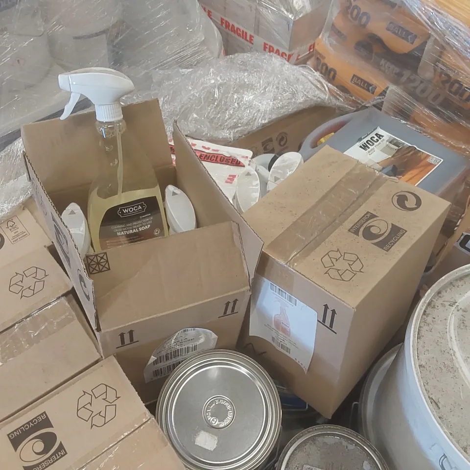 PALLET CONTAINING A VERY LARGE QUANTITY OF ASSORTED BUILDING SUPPLIES INCLUDING: HIGH TEMPERATURE ADHESIVE, READY MIXED RAPID DRYING MULTI-PURPOSE PRIMER, OIL REFRESHING SOAP, WOCA MASTER FLOOR OIL EC