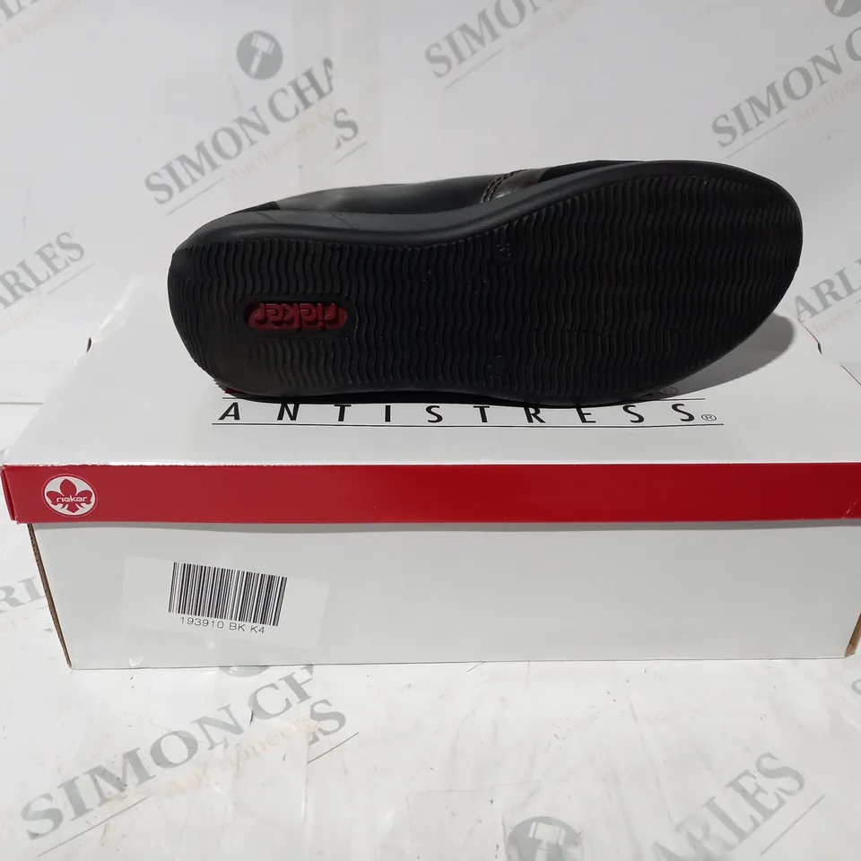 BOXED PAIR OF RIEKER TRAINER SHOES IN BLACK UK SIZE 4