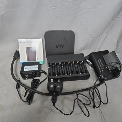 APPROXIMATELY 12 ASSORTED HOUSEHOLD ITEMS TO INCLUDE BATTERY CHARGERS, CABLES, SKY BOX, ETC