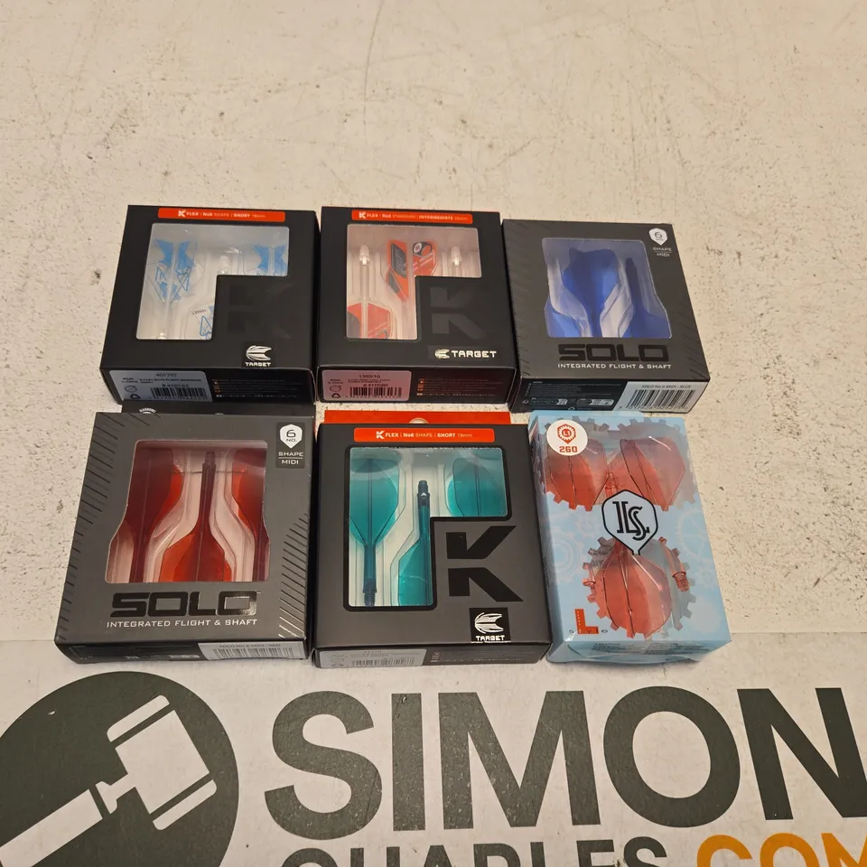 SIX ASSORTED DARTS FLIGHT SETS TO INCLUDE; TARGET SOLO DART FLIGHTS & SHAFTS 