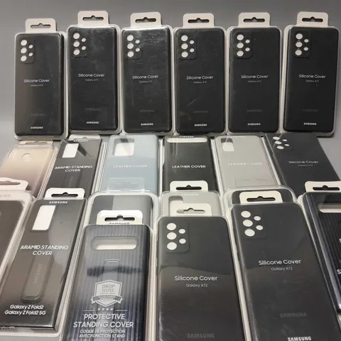 APPROXIMATELY 20 SAMSUNG PHONE CASES TO INCLUDE SILICONE COVER FOR GALAXY A72, STANDING COVER FOR GALAXY S10, LEATHER COVER FOR GALAXY S20, ETC