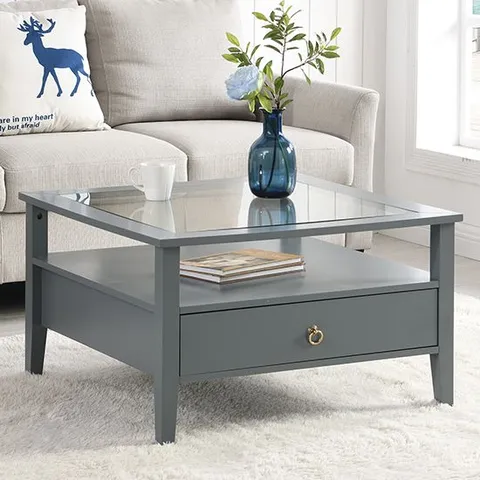 BRAND NEW BOXED STANLEY SQUARE COFFEE TABLE IN CAPRICE LIGHT GREY WITH 2 DRAWERS (1 BOX)