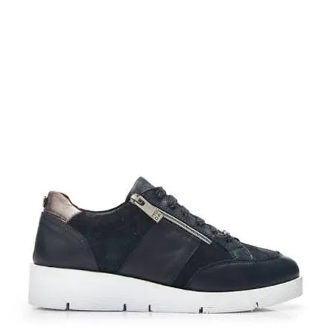 BOXED PAIR OF MODA IN PELLE AMBIENNE NAVY LEATHER WEDGE TRAINERS - SIZE 40