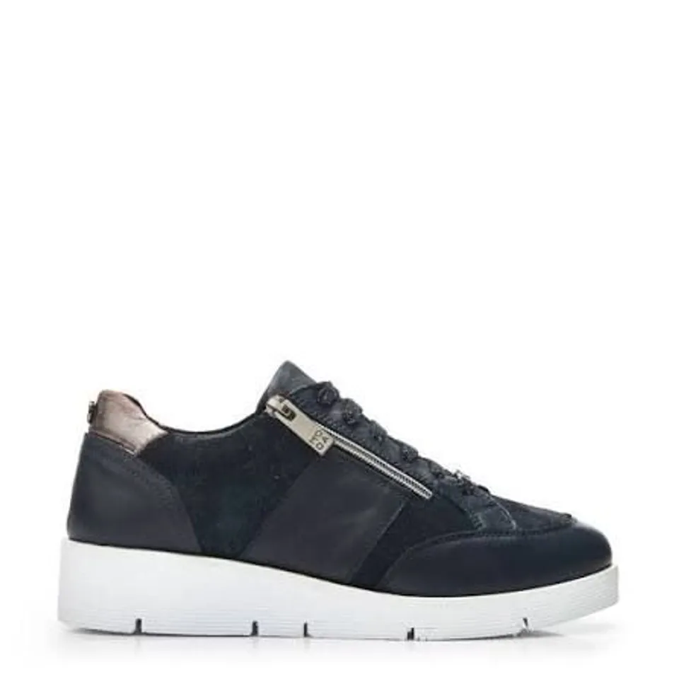 BOXED PAIR OF MODA IN PELLE AMBIENNE NAVY LEATHER WEDGE TRAINERS - SIZE 40