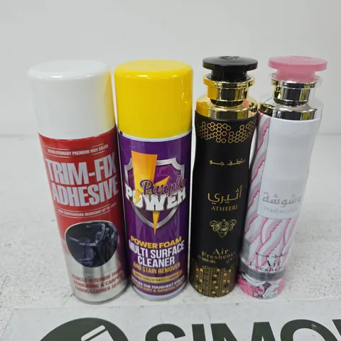 APPROXIMATELY 15 ASSORTED AEROSOLS TO INCLUDE AIR FRESHENERS , MULTI PURPOSE CLEANER AND TRIM FIX ADHESIVE 