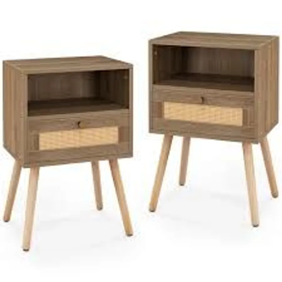 BOXED COSTWAY SINGLE DRAWER SINGLE SHELF NATURAL RATTAN BEDSIDE TABLE SET OF 2