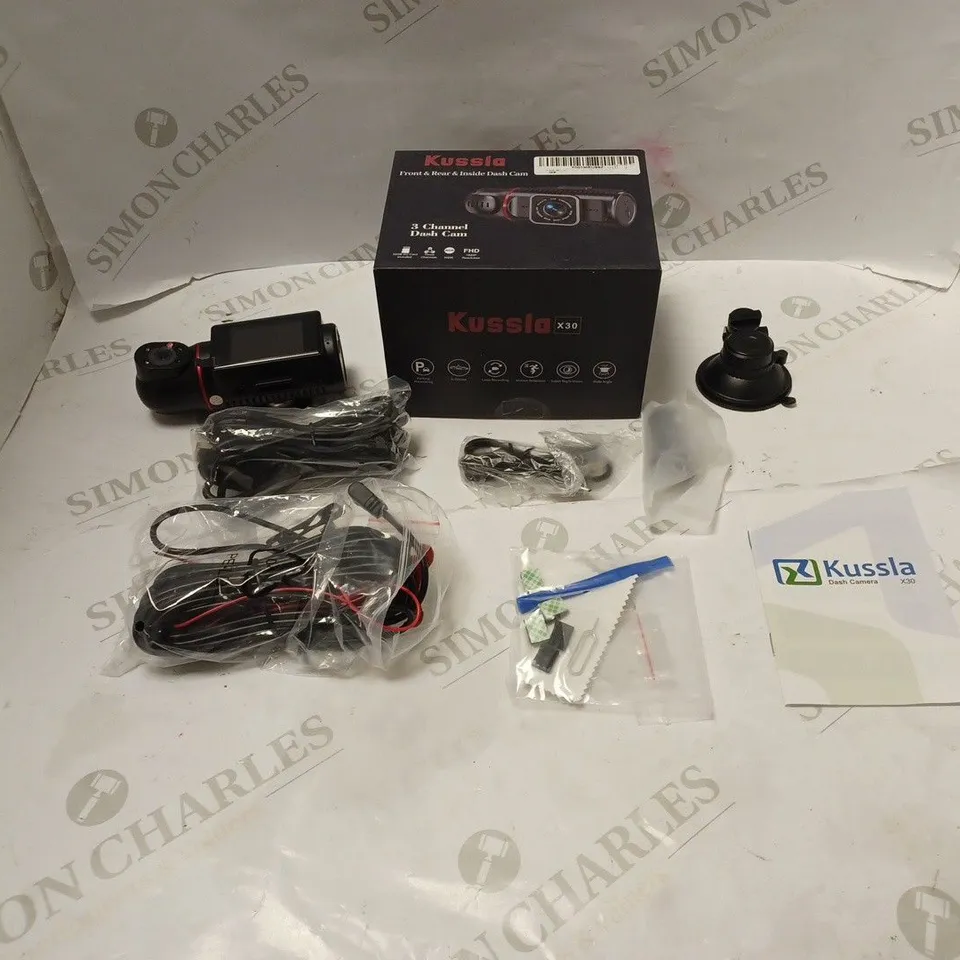 BOXED KUSSLA FRONT, REAR AND INSIDE DASH CAM - MODEL X30 - WITH ACCESSORIES, CABLES AND INSTRUCTIONS