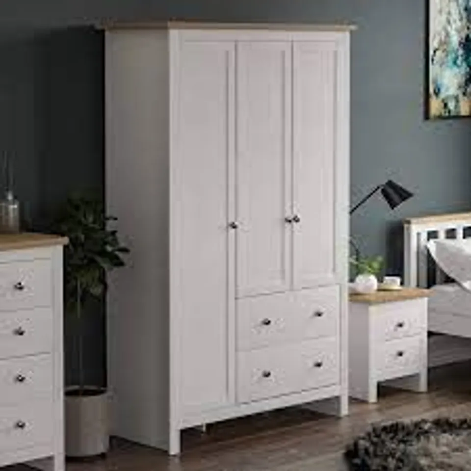 BOXED ARLINGTON 3 DOOR 2 DRAWER WARDROBE IN WHITE , W109 X H180 X D52CM