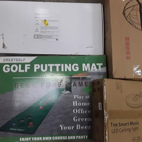 PALLET TO CONTAIN AN ASSORTMENT OF HOUSEHOLD ITEMS TO INCLUDE GOLF PUTTING MAT, TENT, LED CEILING LIGHT AND SHOWER MIXER ECT