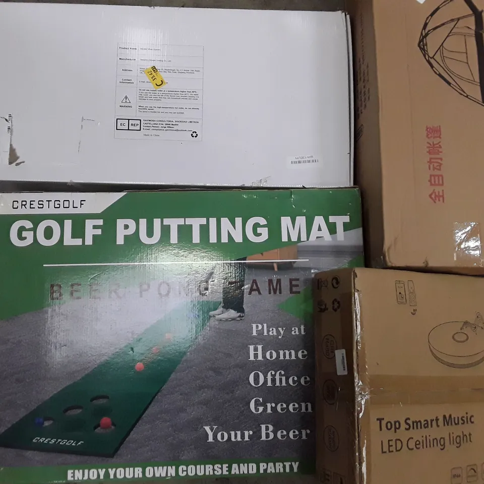 PALLET TO CONTAIN AN ASSORTMENT OF HOUSEHOLD ITEMS TO INCLUDE GOLF PUTTING MAT, TENT, LED CEILING LIGHT AND SHOWER MIXER ECT