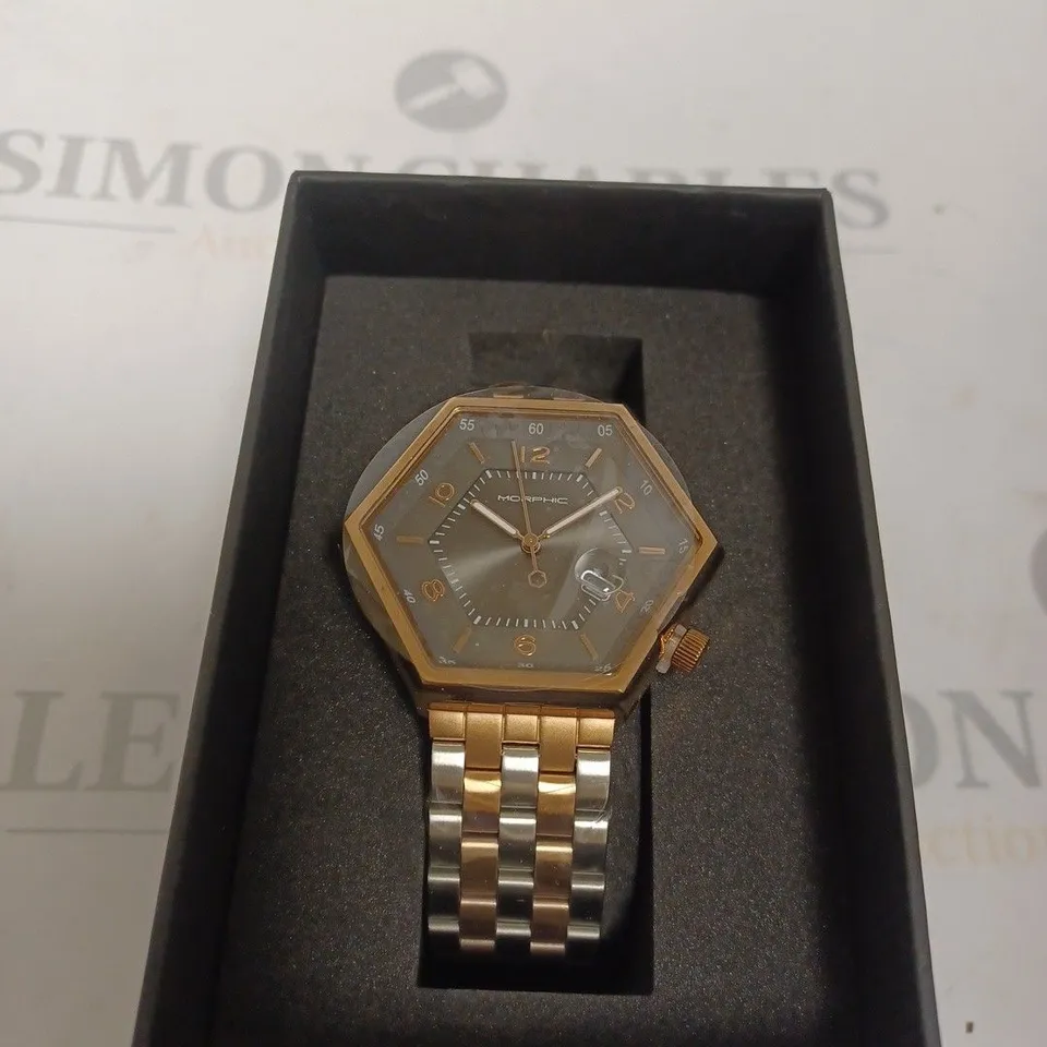 BOXED MORPHIC STEEL AND BRONZE HEXAGONAL WATCH