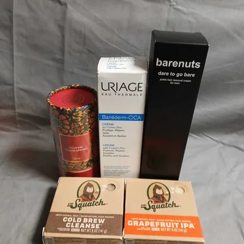 TOTE OF APPROX 10 ASSORTED COSMETIC ITEMS TO INCLUDE  URIAGE BARIEDERM-CICA CREAM, BARENUTS HAIR REMOVAL CREAM, DR. SQUATCH SOAPS