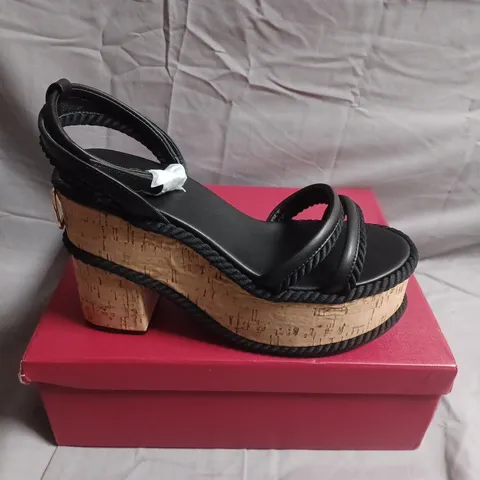 BOXED PAIR OF VALENTINO WOMEN'S BLACK LEATHER CORK-PLATFORM SANDALS, EU 40