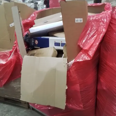 PALLET OF ASSORTED HOUSEHOLD GOODS AND PRODUCTS TO INCLUDE; MINI FRIDGE, FABRIC WARDROBE, CLOTHES HANGER, BOXED FURNITURE ETC