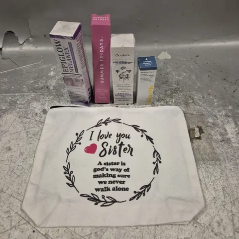 APPROXIMATELY 20 HEALTH AND BEAUTY PRODUCTS TO INCLUDE SISTER COSMETICS BAG, SUMMER FRIDAYS LIP BALM AND SKIN AND ME FIRMING SERUM